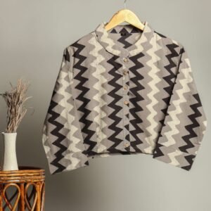 Handmade Cotton Shirt for Women ? Black & Grey Zigzag Print Button-Down Top with Full Sleeves