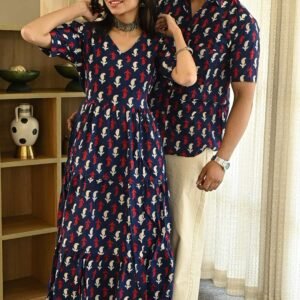 Couple Matching Navy Blue Cotton Anarkali Midi Dress and Shirt Set ? Red & White Abstract Print
