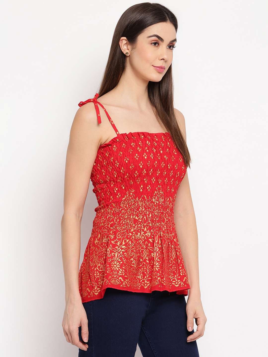 Women's Rayon Floral Printed Casual Summer Style Tie Shoulder Straps Free Size Tank Top ( Red Gold Pattern)