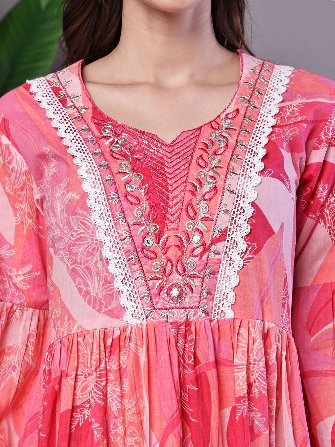 Wome's Pink Floral Printed Cotton A-Line Dress with Embroidered Yoke Midi Dresses - Image 5
