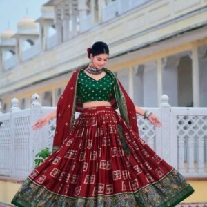 Maroon Tussar Silk Lehenga Choli with Dark Green Blouse | Bandhani Peacock & Foil Print | Wedding & Festive Wear