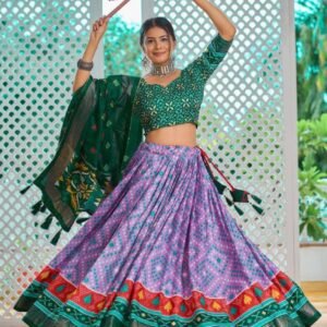 Light Baby Pink Tussar Silk Lehenga Choli with Green Blouse | Minakari & Foil Print | Wedding & Festive Wear