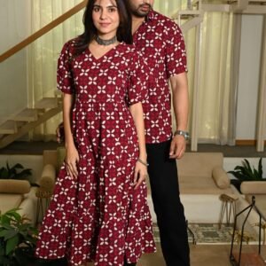 Couple Matching Maroon Cotton Anarkali Midi Dress and Shirt Set ? White Floral Print