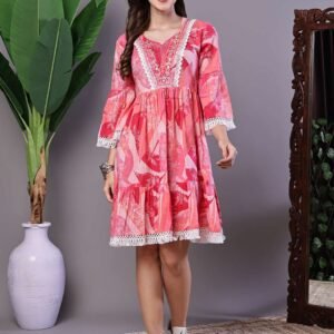 Wome's Pink Floral Printed Cotton A-Line Dress with Embroidered Yoke Midi Dresses