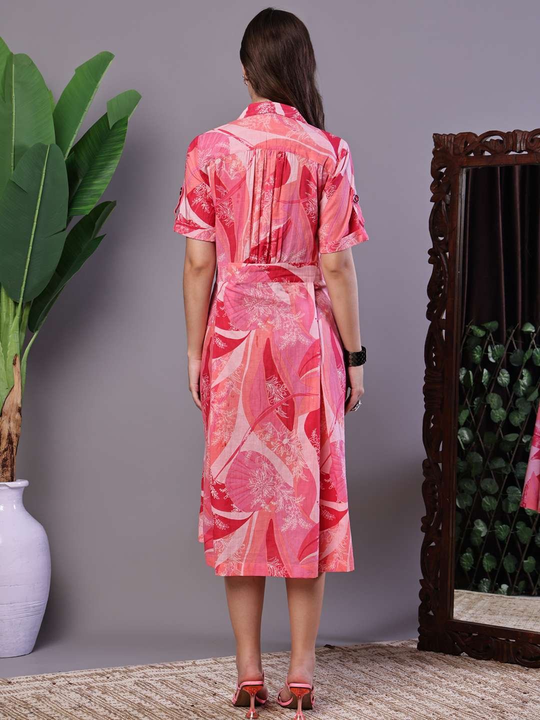 Women's Pink Printed Cotton Midi Shirt Dress - Image 2