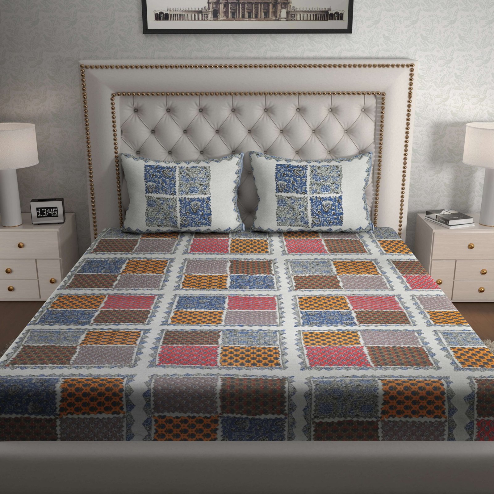 Rajasthani Traditionally Printed Cotton Doublebed Bedsheet With Pack of 2 Pillow Covers
